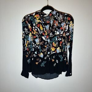 Maeve Anthropologie Forest Friends Blouse Shirt Top Black Floral Long Sleeve 2